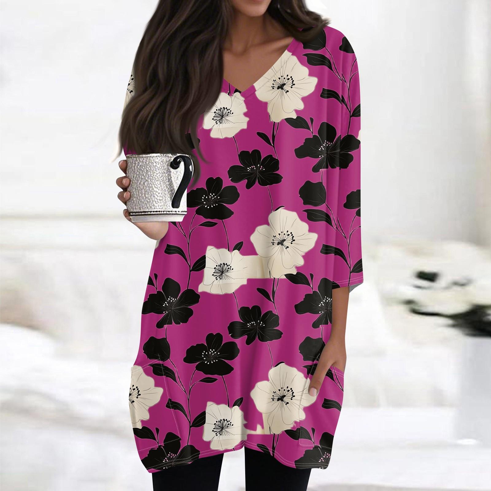 

Women s Casual V-neck 3/4 Sleeve Vintage Floral Print Top XXL