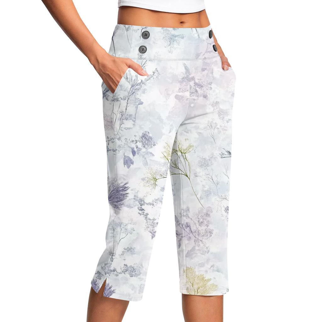 Damen Vintage Floral Print Knopf Tasche Hose Schlitz Hohe Taille Sport Yoga Freizeit Hose