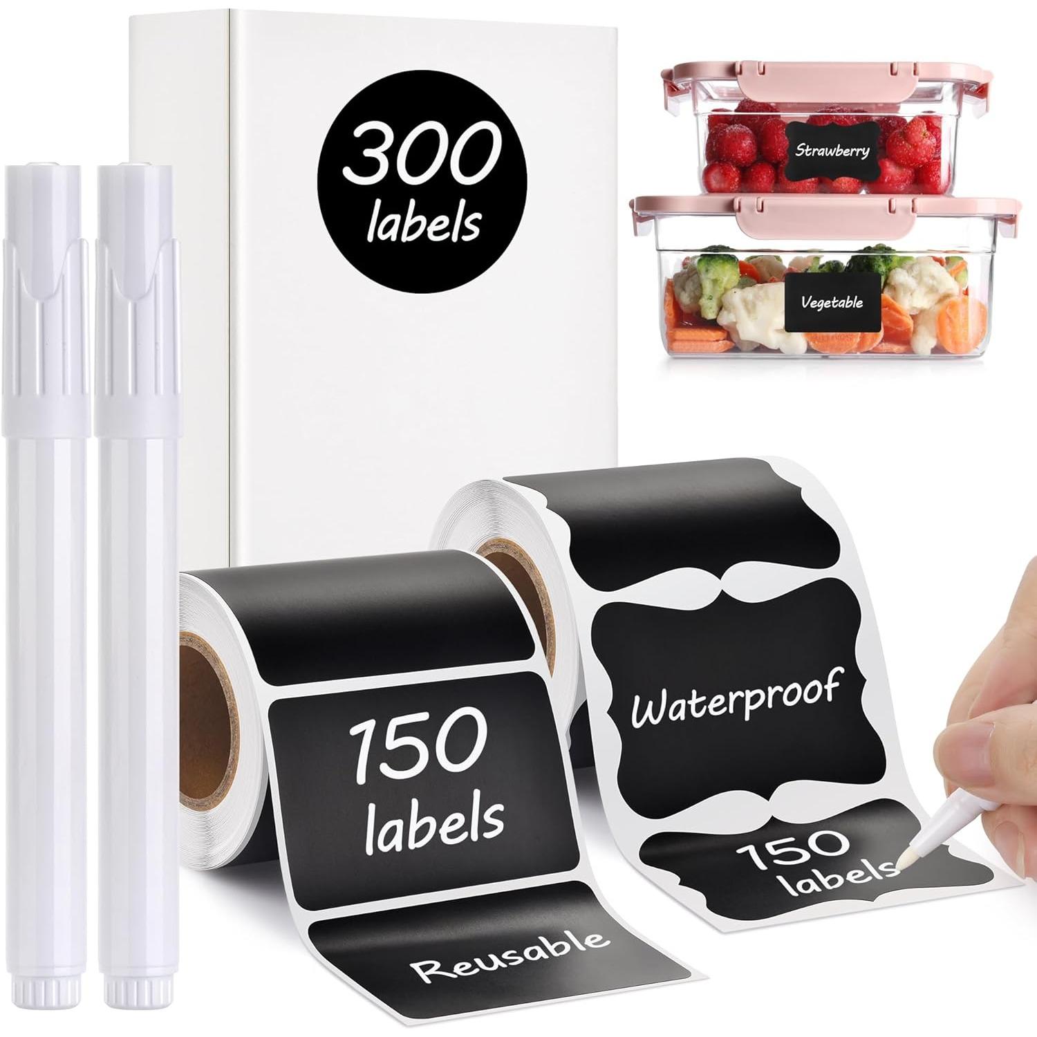 Chalkboard Labels - 180pcs Waterproof Reusable Blackboard Stickers with 2 Free Erasable White Chalk Marker, Mini Decorative Chalk Labels 300 Wavy and Rectangle Shapes