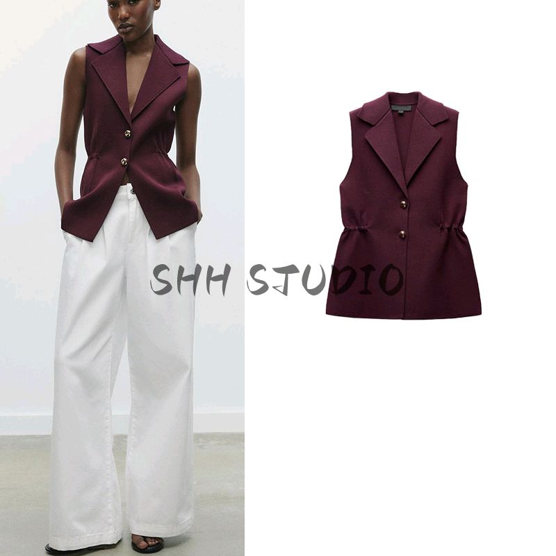 Spring New Women's Clothing British Style Decorated Row Button Ruched Lapel Sleeveless Knitting Vest Jacket 4192023