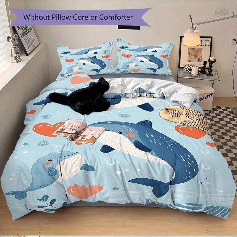 3pcs Whale Heart Print Bedding Set, Suitable for Bedroom Decoration, (Includes 1 Duvet Cover And 2 Pillowcases, Quilt Not Included) Yy250822176