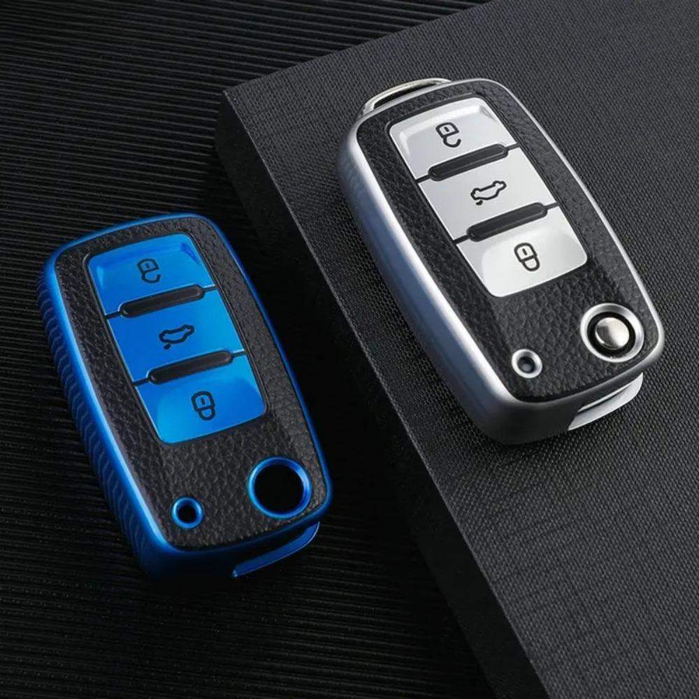 Capa de Chave de Carro em Couro TPU Bolsa Protetora de Cobertura Total para Chave de Carro para VW Volkswagen Polo Tiguan Passat Golf Jetta Lavida Skoda Octavia