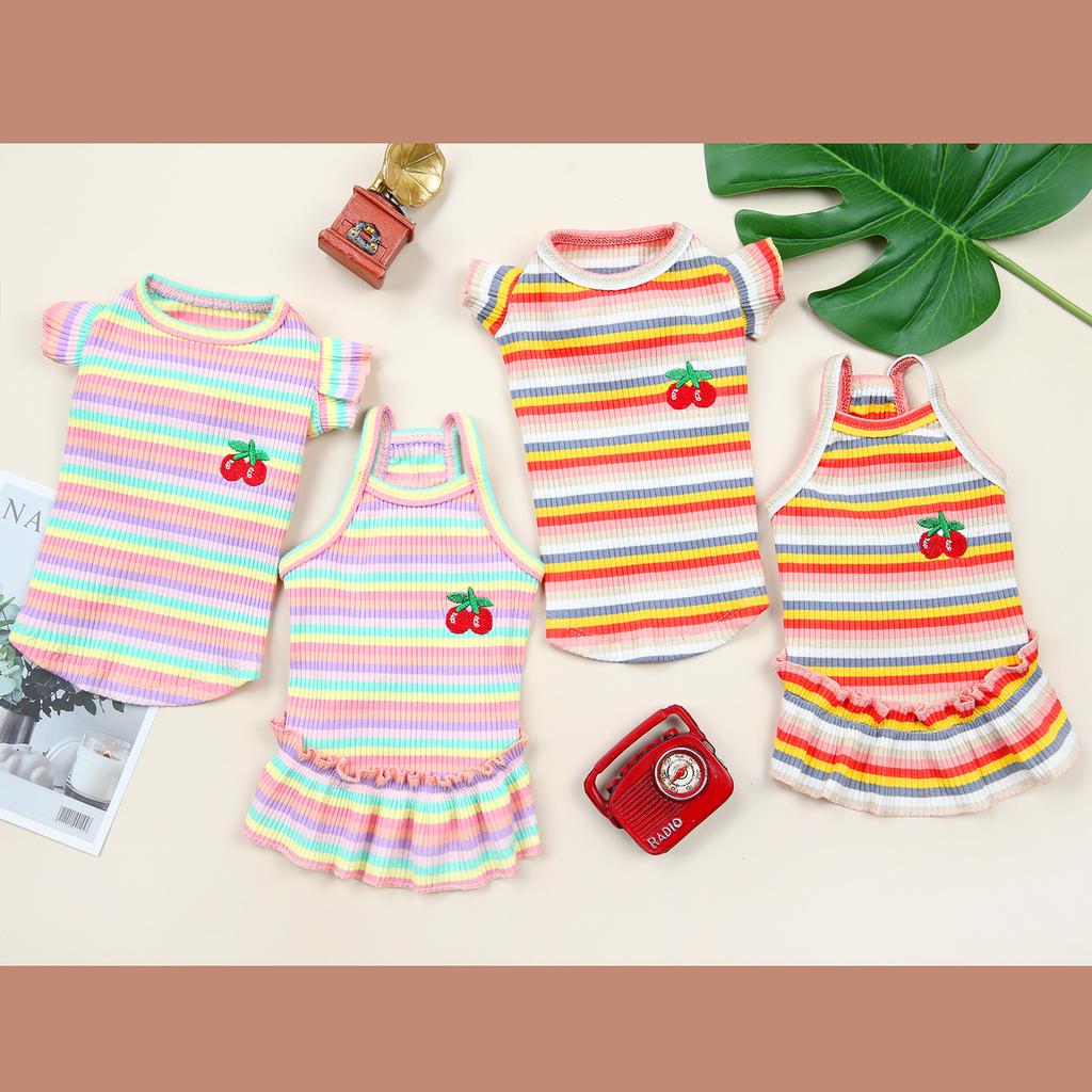 Dog Clothes Summer Thin Small Dog Teddy Princess Dress Suspender Bichon Frize Cat Color Strip Embroidered Cherry