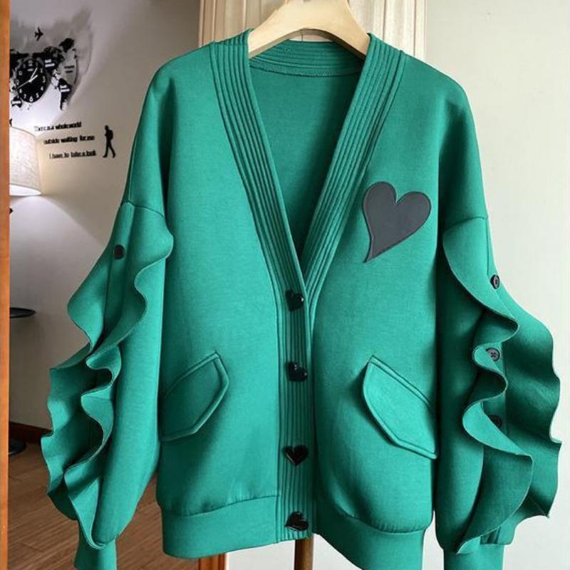 

Большой размер кардиган осень зима кружева рукава-фонарики однотонный свитер с V-образным вырезом и принтом любви свободный повседневный топ с карманами 2XL зелёный