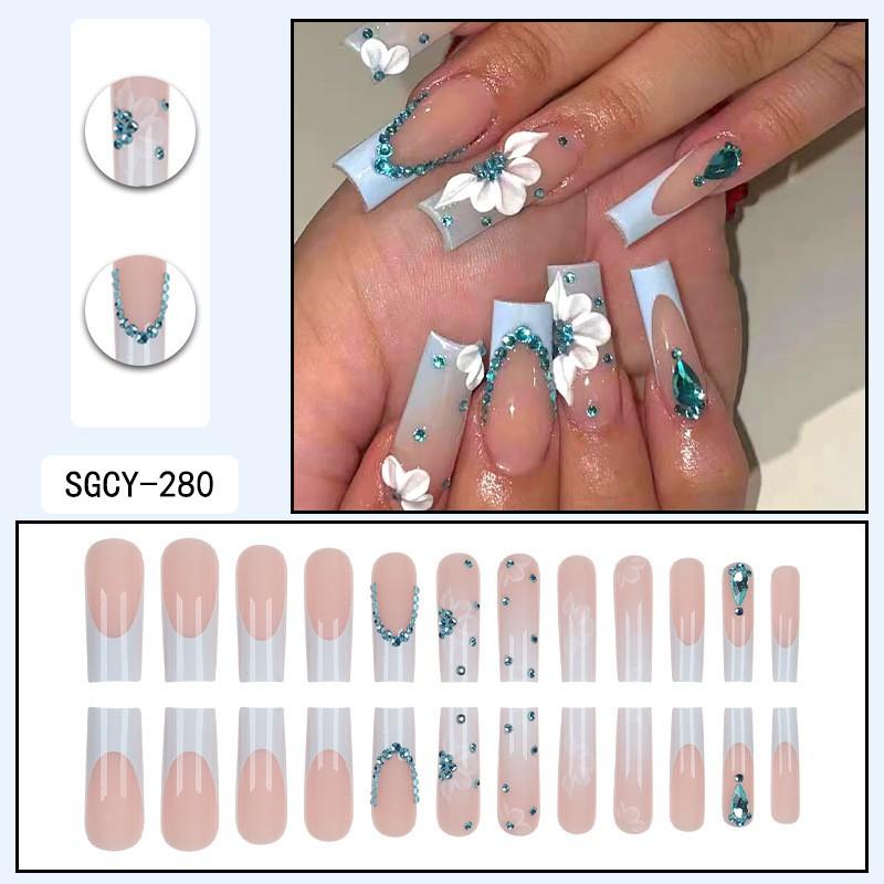 Long Press-On Nails With Icy Transparent Sparkle Rhinestones 24pcs Gel Adhesive Jelly Glue False Nail Tips Women Sweet Style