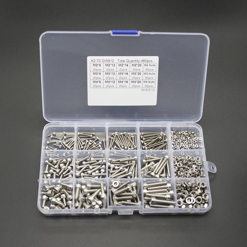 480pcs A2-70 DIN912 M2 M3 M4 304 Stainless Steel Hex Socket Head Cap Screws Nut Kit Set