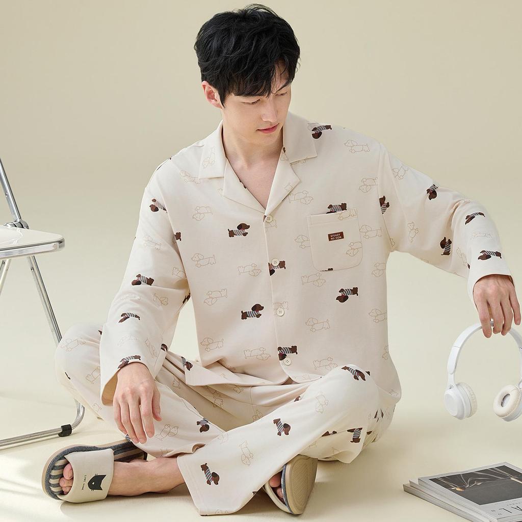 Men's 100% Cotton Striped Long Sleeve Pajamas - Trendy Korean Style for Spring