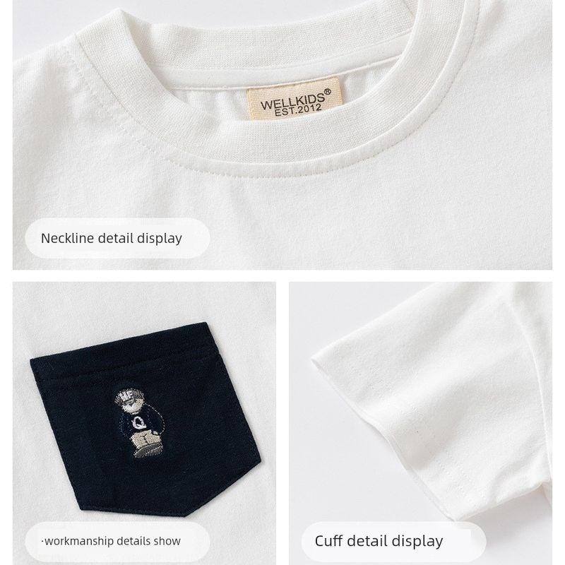 Boys' Pocket Short sleeve T-shirt Children's Half Sleeve round Neck Top Summer Thin Baby Boys' Cotton Stripe Children's Clothing