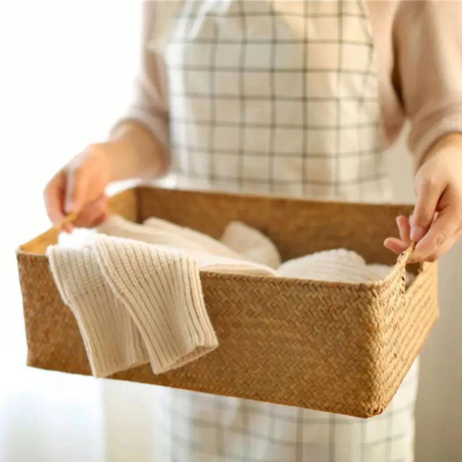 CYCLI-Hand-Woven Rectangular Rattan Wicker Storage Basket Fruit Tea Snack Bread Picnic Basket Cosmetic Storage Box XL