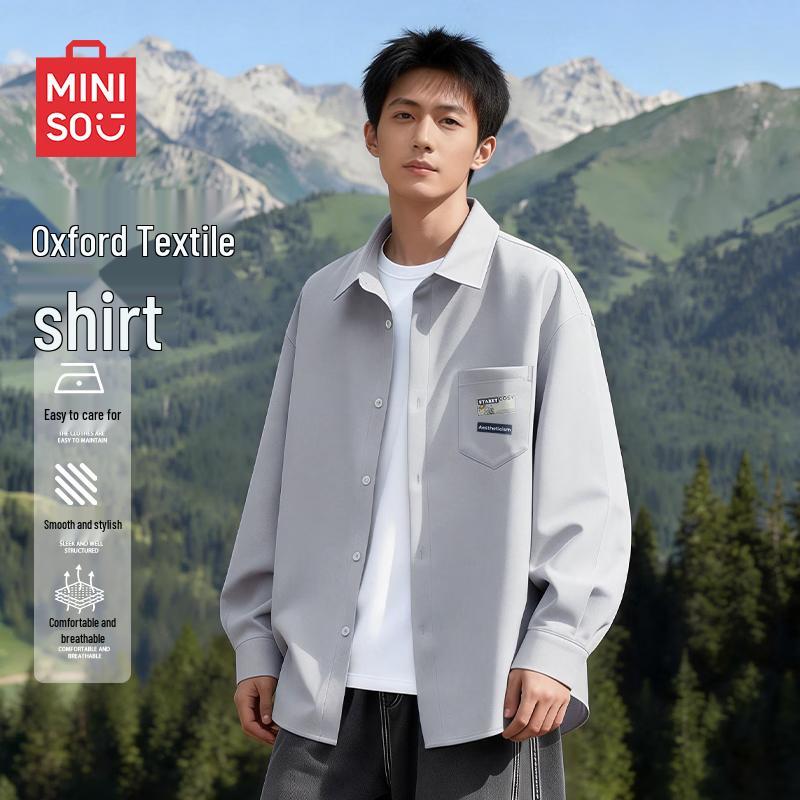 MINISO Men's Oxford Cuban Collar Long Sleeve Shirt