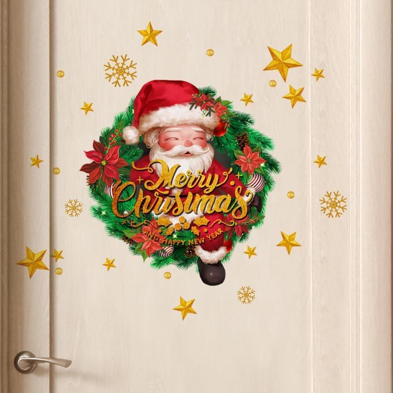 English Merry Chirstmas Santa Claus Wreath Wall Sticker with Double-sided Visible Glass Wall Sticker
