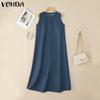 VONDA Women Round Neck Sleeveless Solid Color Casual Long Tunic Dress