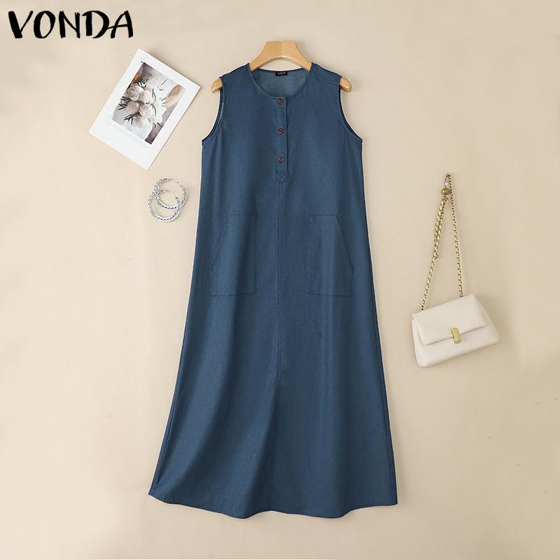 VONDA Women Round Neck Sleeveless Solid Color Casual Long Tunic Dress