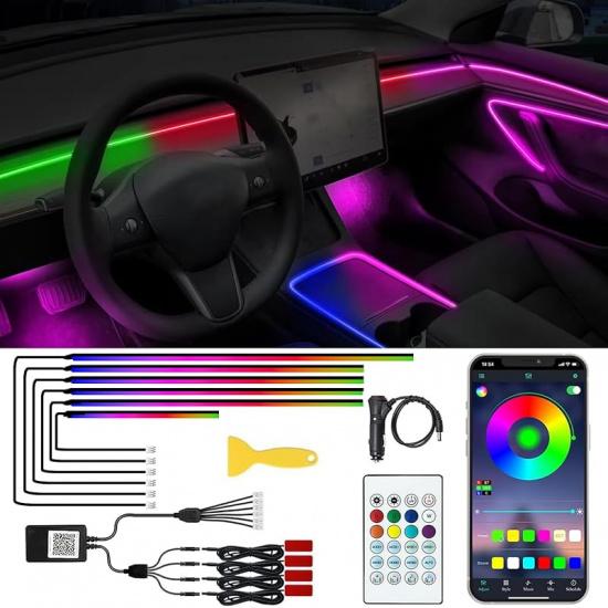 Acrylic Interior Car LED Lights With Remote And Wireless APP 6 In 1,Ambient Lighting Kits Fiber Optic Strip LEDs,16 Million Colors Music&DIY Function