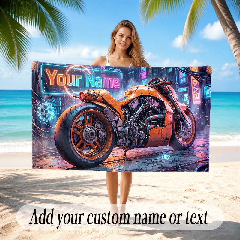 Motorcycle Biker Theme Quick Dry Beach Towel Custom Name Text Print Large Sand Resistant Towel Beach Vacation