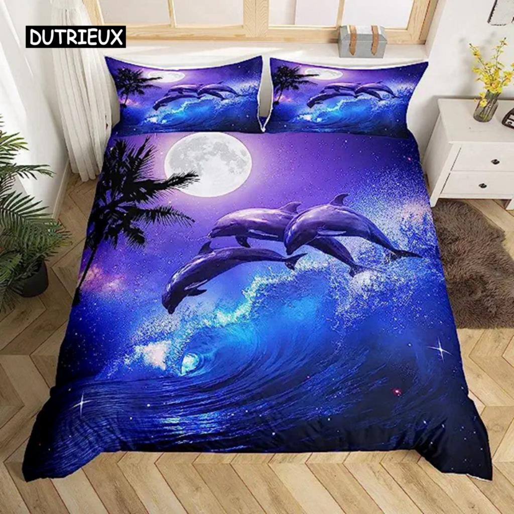 Delfin Seaworld Bettbezug Mikrofaser Meeresschildkröte Unterwasserwelt Grau Delfin Ozeanblau zur Dekoration Kind Jungen Mädchen Erwachsene