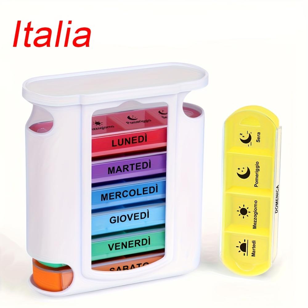 [Printed In Italy] Weekly Pill Organizer, 7 Stackable Compartments Four Times-a-Day - Morning, Noon, Evening, and Bedtime