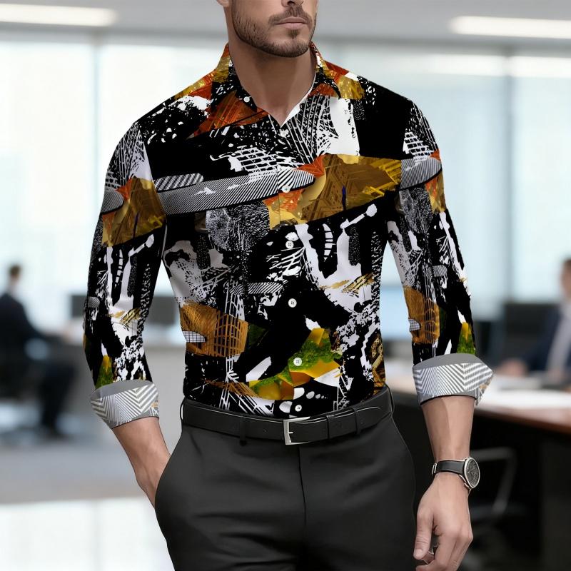 Men's shirt retro fashion printed shirt slim fit business commuting long sleeved shirt spring and autumn trendy casual men's top