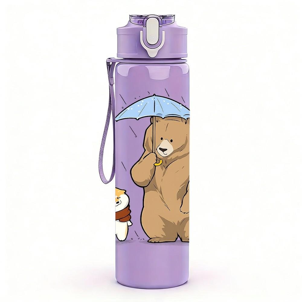 1PC Bear Holding Hot Drink Cartoon Print 750ml Color Plastic Sports Water Bottle Leakproof Flip Straw Lid Suitable for Sports Office Home Use