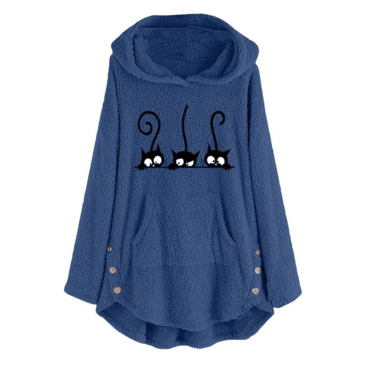 Warm Plus Size Women Fleece Hoodie with Cat Embroidery Button Sweater Blouse Top