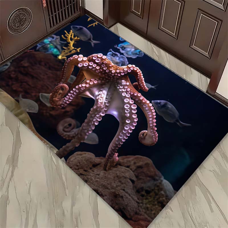 Ocean Creatures Print Doormat, Non-Slip Entrance Floor Mat with Red Octopus, Squid & Pearl Shell Design, Indoor Rug for Sea Lovers 40x60cm( 15x23in )