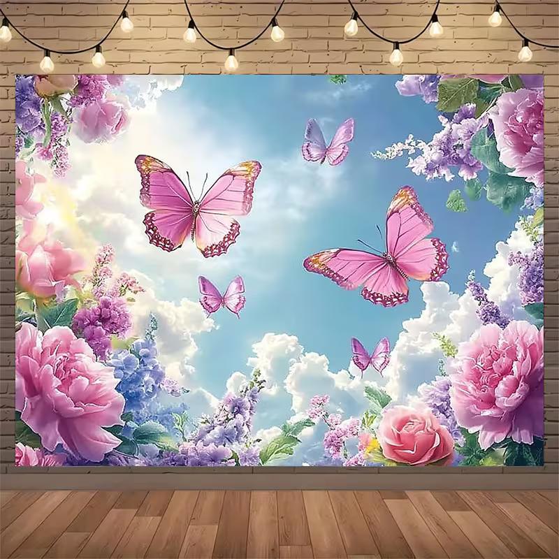 2D Printed Backdrop with Pink Butterflies, Peonies, Roses and Cloudy Sky