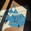 Sexy Knitted Striped Halter Tie Bikinis Sets Three Pieces with Shorts Swimsuits Beachwear Bathing Suit Swimwear Biquini Tankini