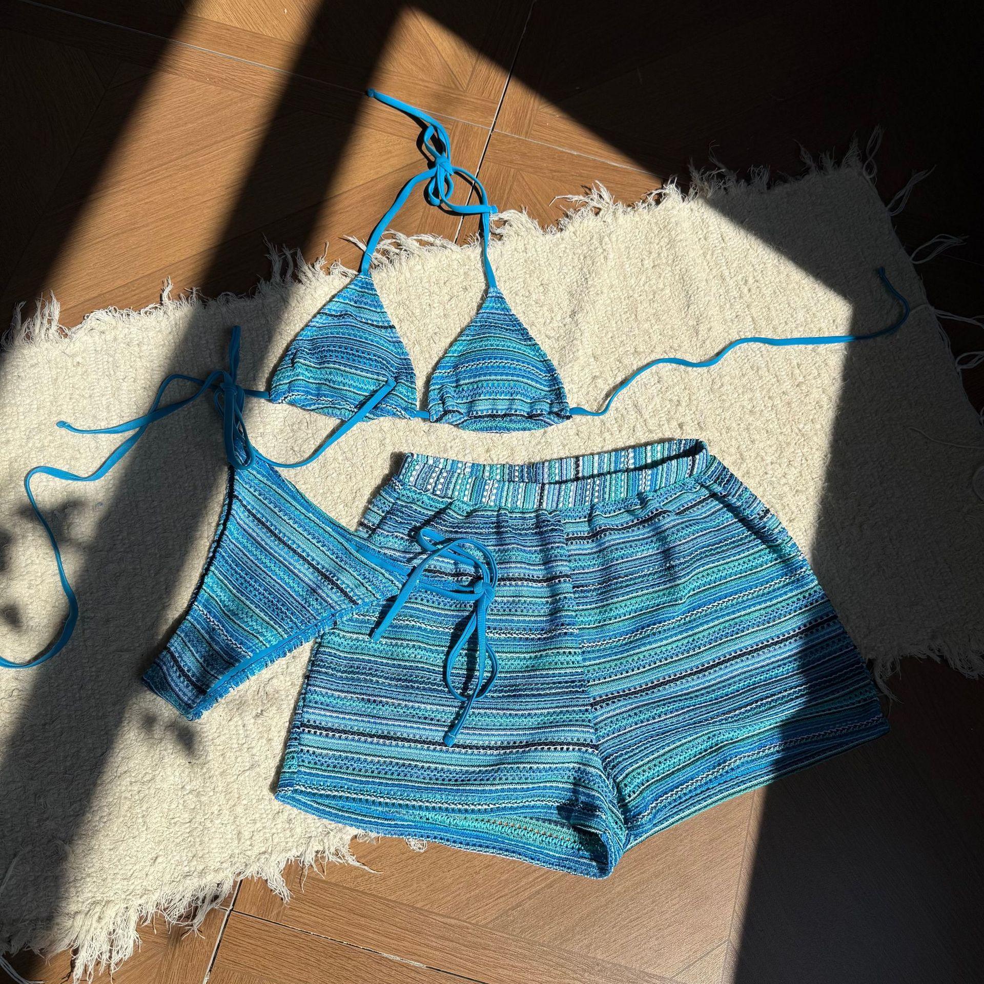 

сексуальные вязаные полосатые бикини-халтер на завязках, комплекты из трех предметов с шортами, купальники, пляжная одежда, купальный костюм, купальник, бикини, танкини L