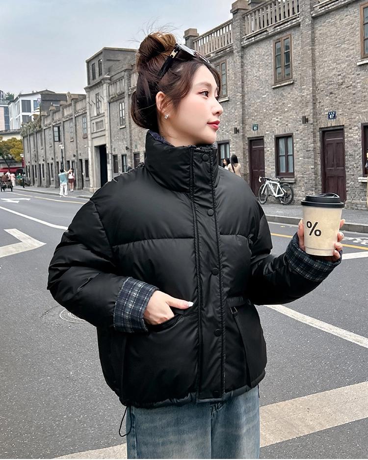 Vertical Collar Plaid Contrast Cotton Warm Short Thickened Jacket