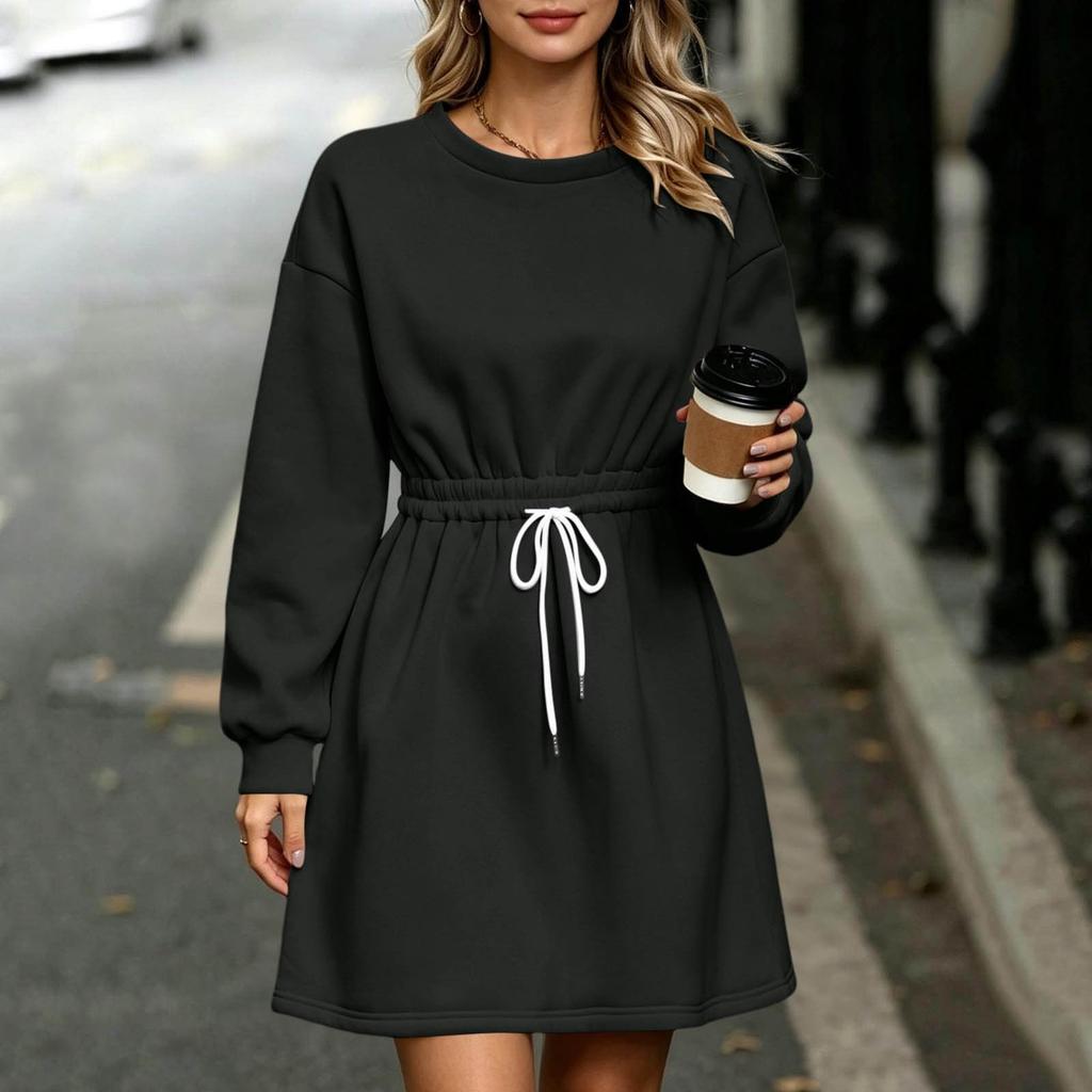 Women's Casual Long Sleeve Round Neck Dress with Elastic Waist for Daily Wear