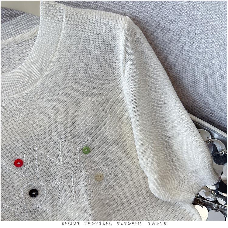2026 Summer Versatile Embroidered Ice Silk Tencel Knit Women's T-Shirt