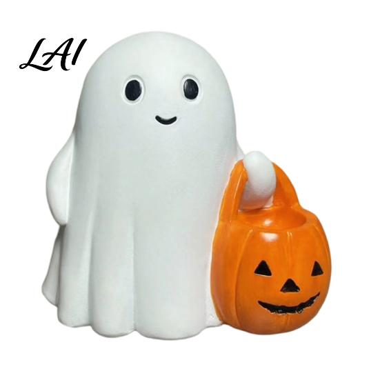 Warm Light Ghost Decor Halloween Holding Pumpkin Figurine Spooky Statue with Night Light Resin Ornament for Desk Tabletop Centerpiece
