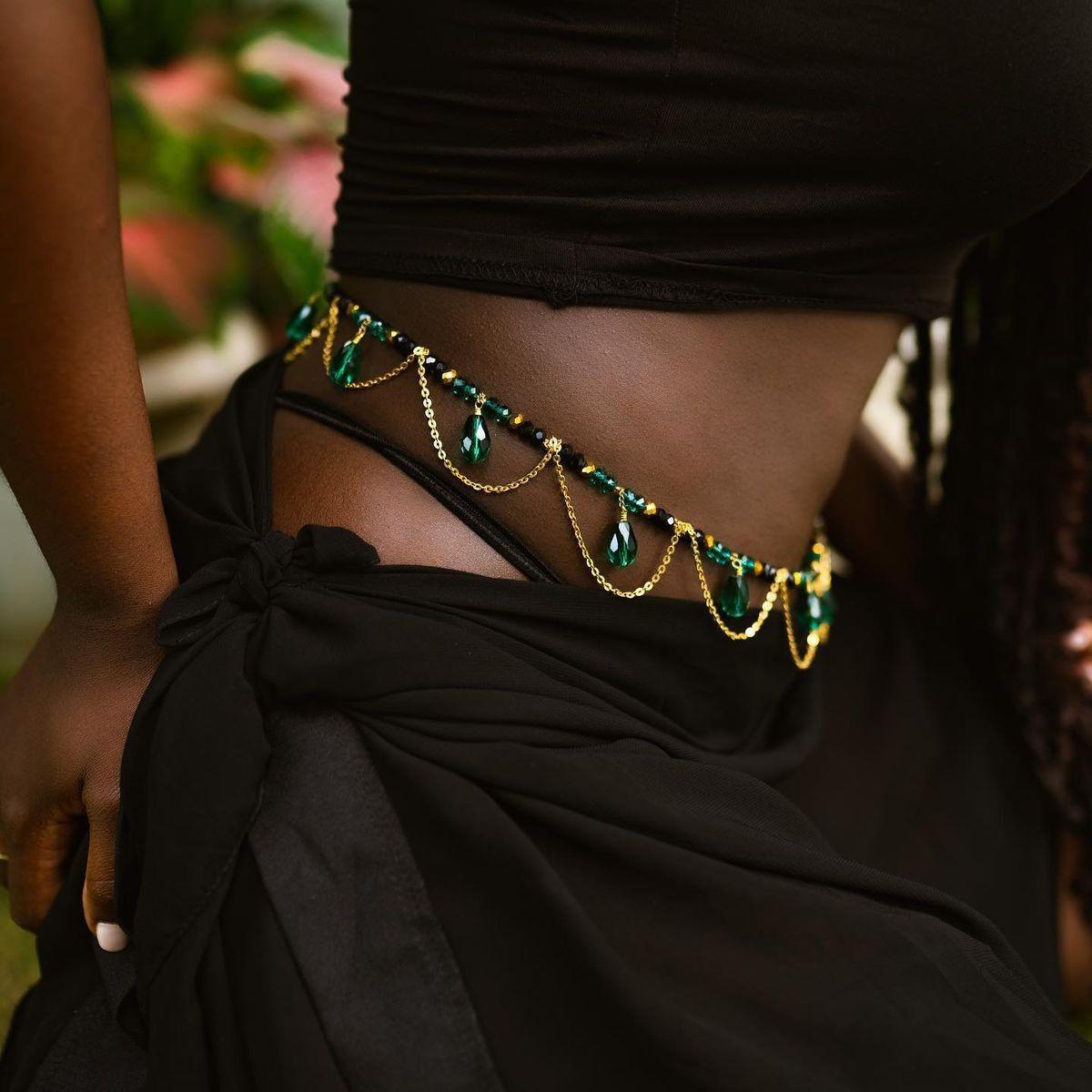 New Design Women s Simple Wave Pendant Body Chain Shiny Beaded Waist Black Outfit Matching Accessories Waist Chain