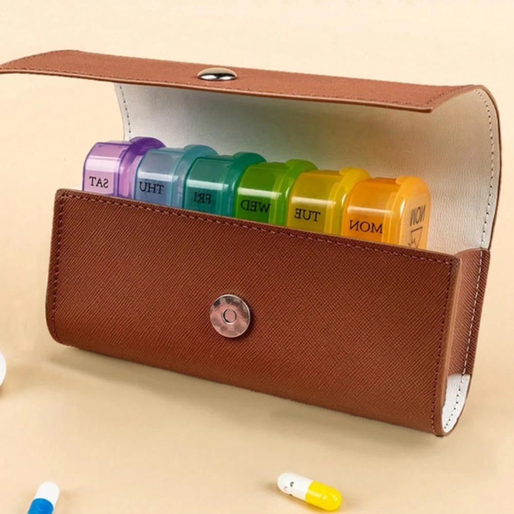 Weekly Pill Organizer Box Case Travel Medication Reminder Daily AM PM, Day Night 7 Compartments in Leather Carrying Case
