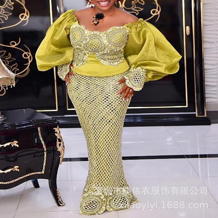 Women Off Shoulder Puff Sleeve Mermaid Maxi Dress Rhinestone Lace Embroidery High Waist Formal Party Gown