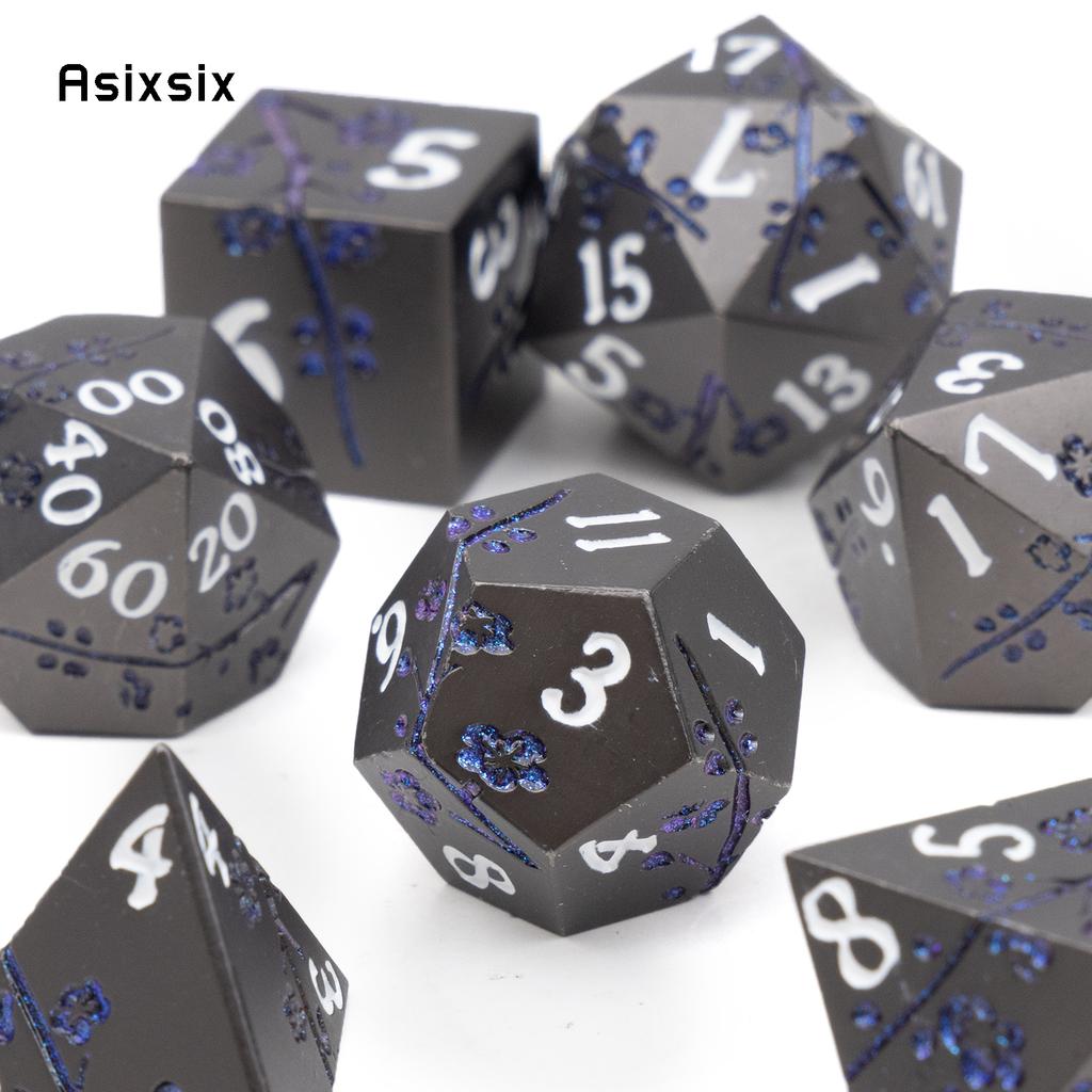 7 Pcs Black Flower Metal Dice Solid Metal Polyhedral Dice Set Suitable for Role-Playing RPG Board Game Card Game
