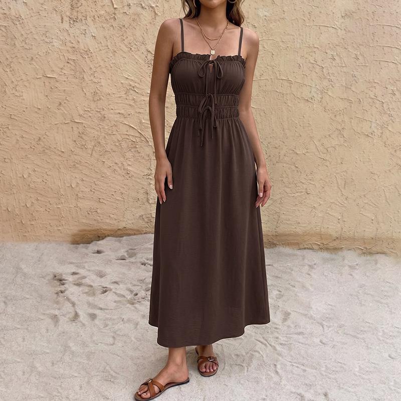 Women s Fashion Summer Spring Solid Color Print Sleeveless Suspenders High Waist Casual Dresses S