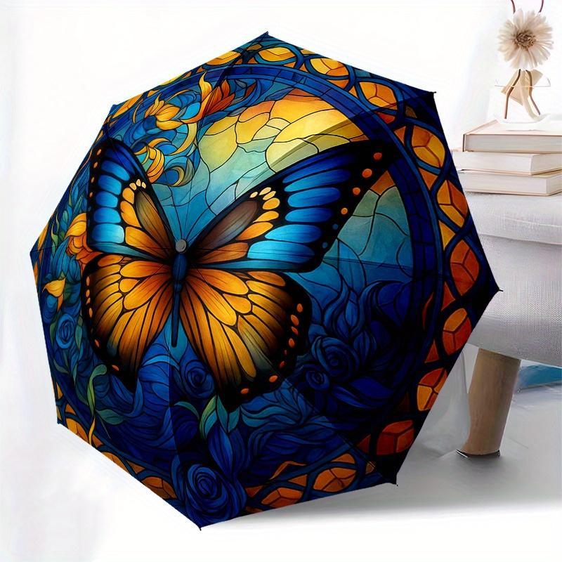 Stained Butterfly Wall Art: Vibrant Blue & Orange DecorUmbrella, Portable 3-Fold Compact Umbrella for Men & Women Gift