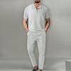 Men's Summer Two-Piece: Solid Color Lapel Zipper Short Sleeve & Long Pants Waffle Sportswear.