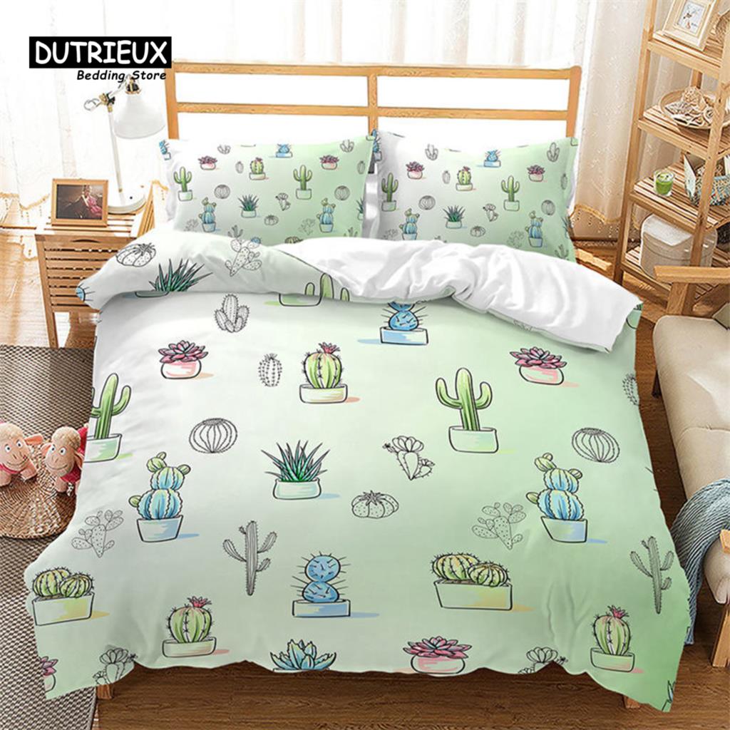 Cartoon Cactus Duvet Cover Spring Garden With Boho Style Bouquet of Thorny Plants Blossoms Decor 3 Piece Bedding Set Pillowcases