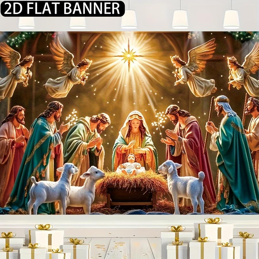 1pc Christmas party banner made of polyester material with a background image of the Nativity of Jesus suitable for indoor an