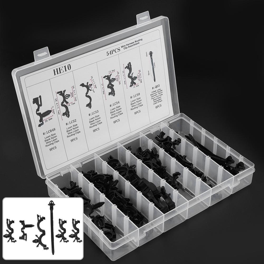54pcs Assorted Car Body Wiring Harness Fastener Wire Routing Clip Convoluted Conduit Clip