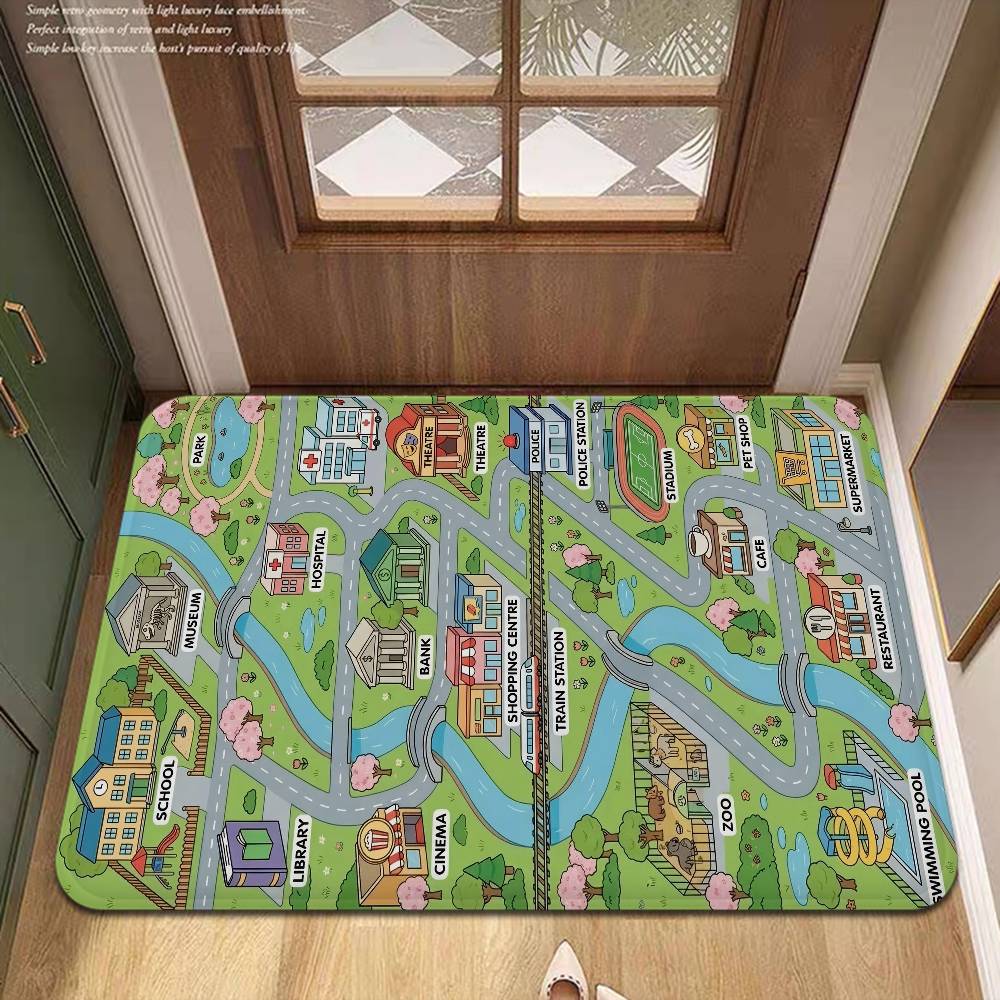Child Urban City Road Traffic Learning Interactive Game Kitchen Mat Kids Room Bedroom Decoration Balcony Anti-Slip Doormat