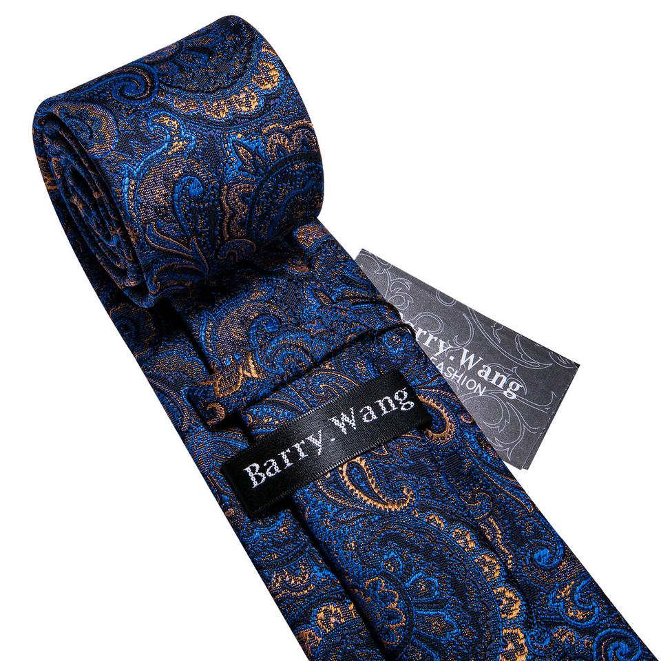 Barry.Wang Mens Blue Tie Novelty Striped Silk Necktie Pocket Square Cufflinks Set Designer