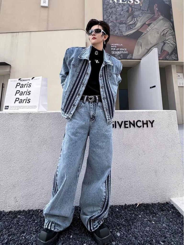 "Unisex Vintage Washed Denim Suit: High-End, Trendy, Versatile Casualwear"