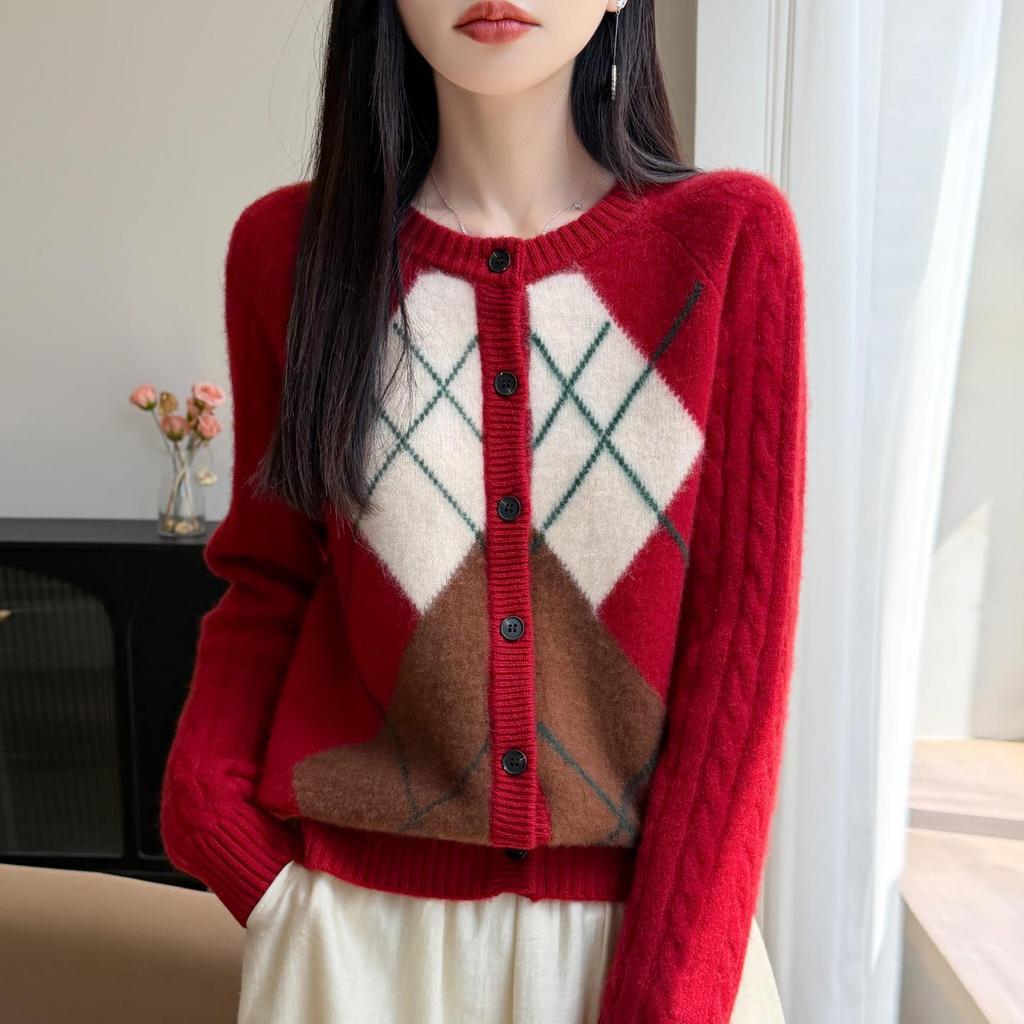 Women's Diamond Patchwork Pure Wool Knit Cardigan Sweater, Round Neck, Long Sleeve - 2026 Autumn/Winter.