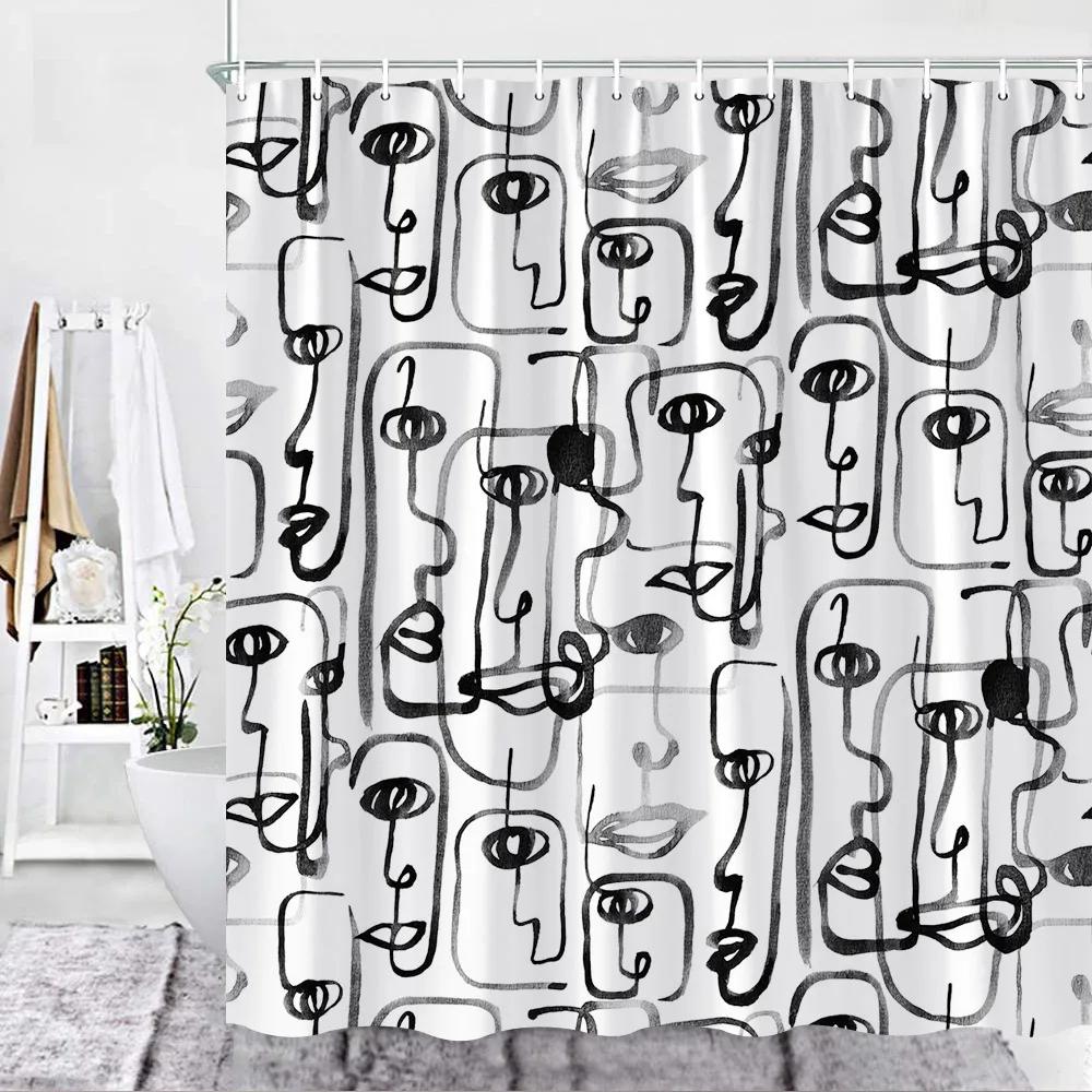 Abstract Face Shower Curtain Hooks Geometric Lines Face Simple Art Fabric Bathroom Decor Fabric Curtains Polyester Washable