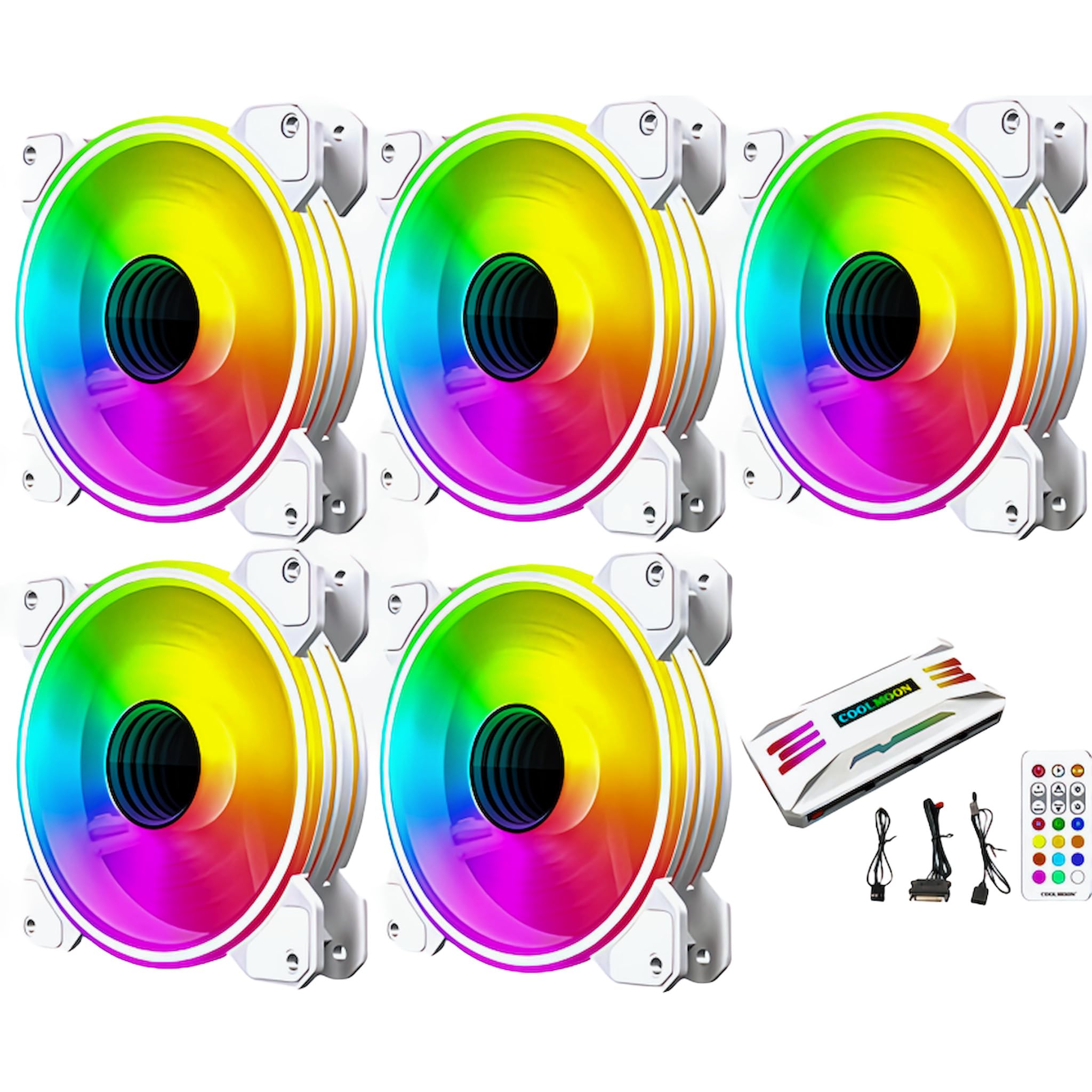 

COOLMOON PC Case Fan Set of 5 120mm 4pin PWM LED ARGB 5v 3pin Fan Hub with Controller Remote Control Color Changeable Rotation Speed Changeable