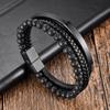 Mens Titanium Steel Bracelet With Natural Volcanic Stone Beads Leather Woven Adjustable Cuff Outdoor Adventure Casual Wear