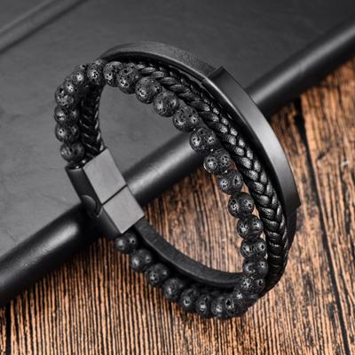Mens Titanium Steel Bracelet With Natural Volcanic Stone Beads Leather Woven Adjustable Cuff Outdoor Adventure Casual Wear